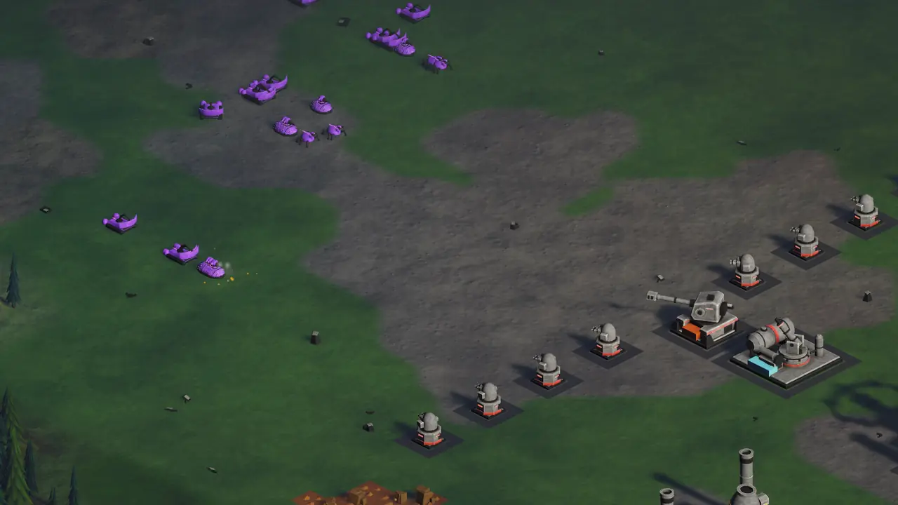 A fluid cannon lobs cryofluid onto an alien pack, freezing it and the ground, while machine-gun turrets fire into the frozen bodies.
