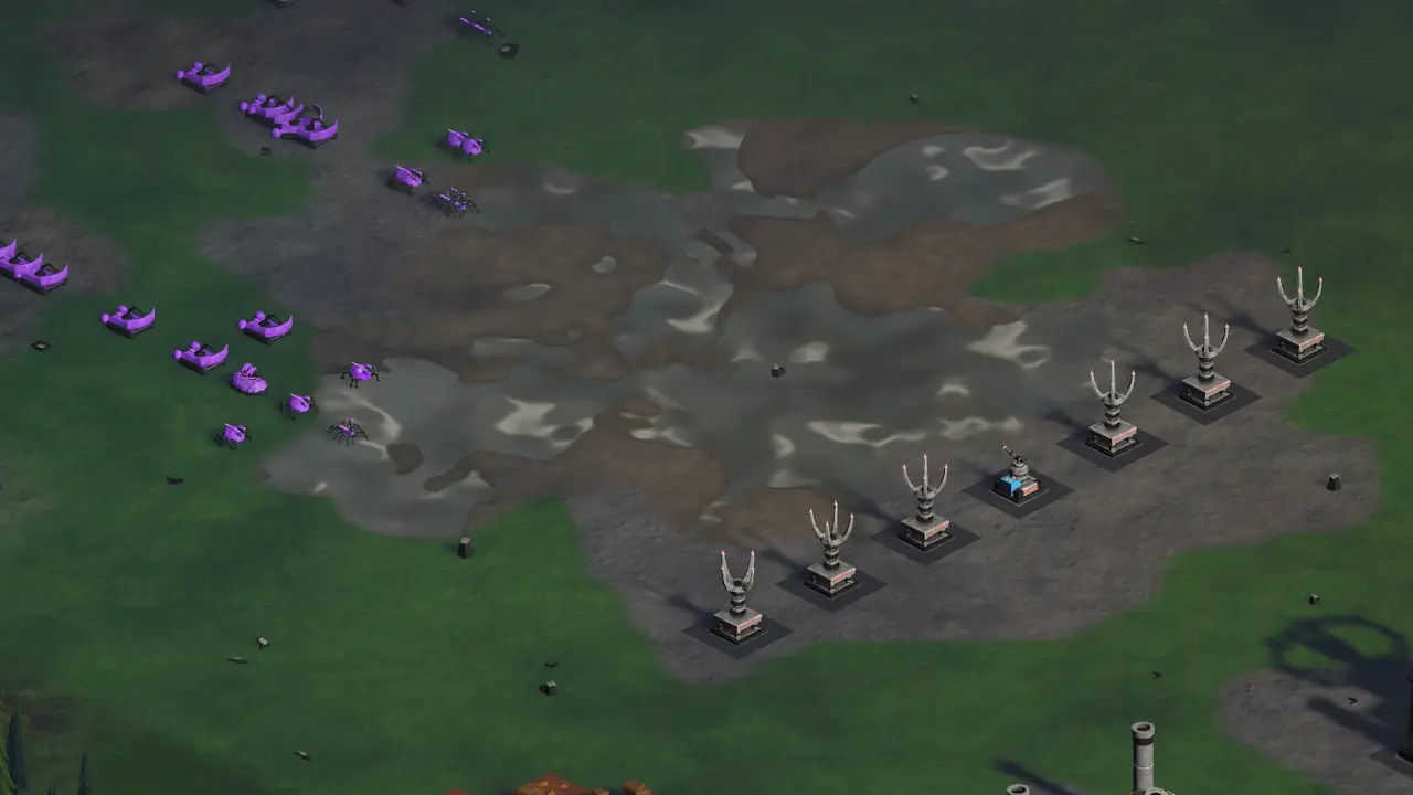 A water cannon soaks aliens wading through a marsh, and arc coils send lightning through them and along the wet ground.