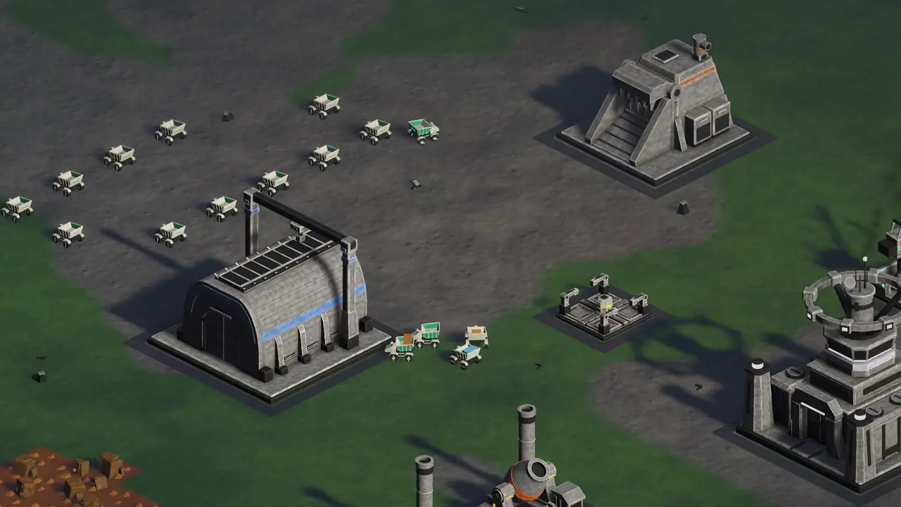 A worn-out cargo robot drives into a recycling yard and is taken apart, while an assembly hall rolls out its replacement.