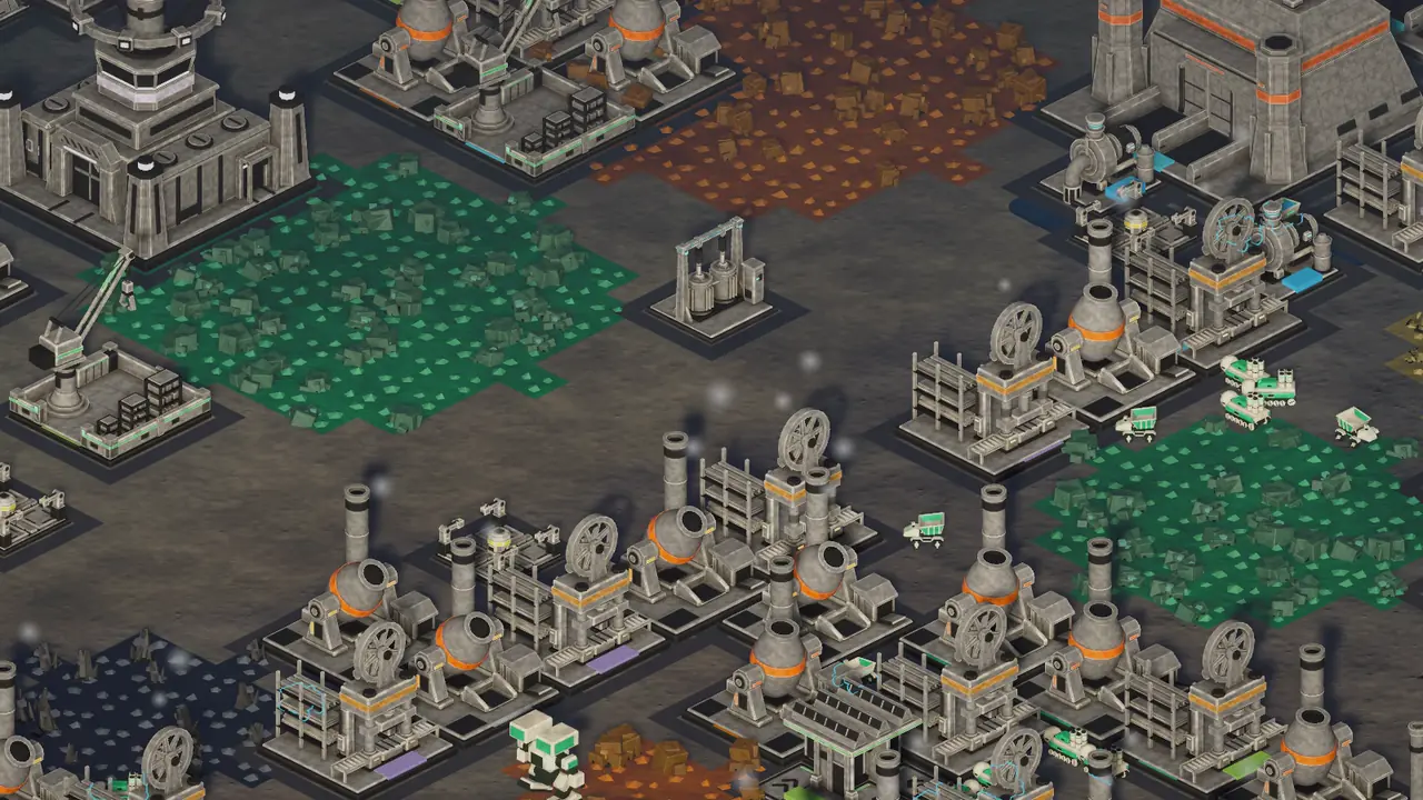 Cargo robots carry ore and plate between smelters, ore fields and assembly halls in a dense factory district.
