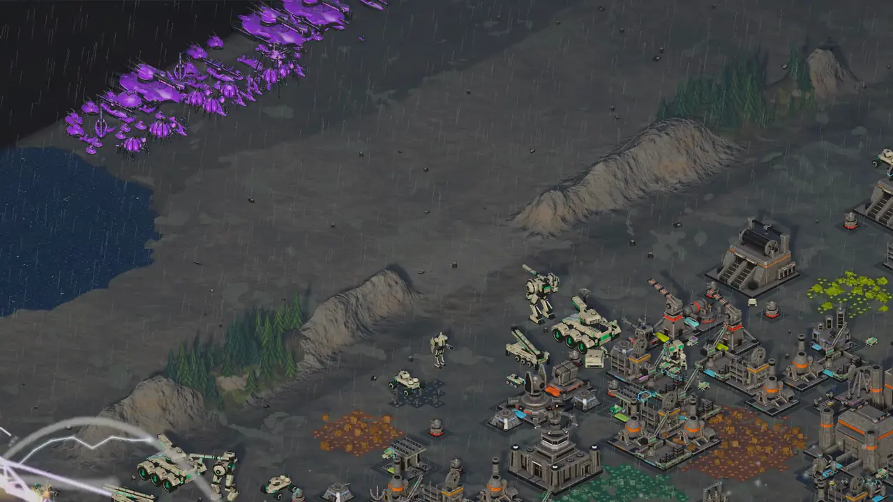 In heavy rain an alien strike pours through a gap in the cliffs, and a lone combat mech holds it under the swarm's fire.