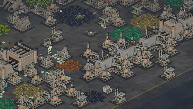 Assembly halls and rows of smelters in a dense late-game factory district.