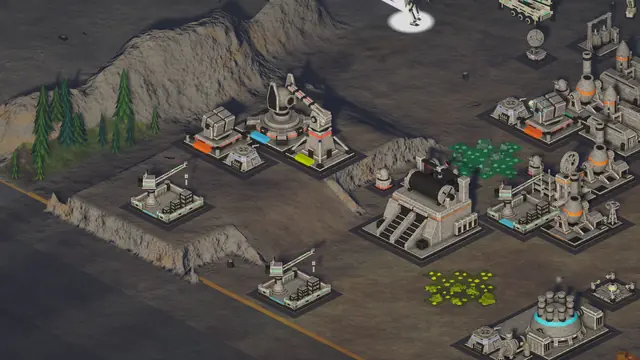 A gun nest on raised ground above the base, with cliff faces and a ramp down to the factory.