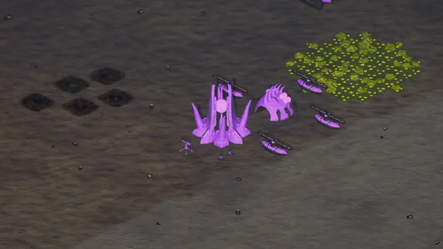 An alien base with a spiked core, a ribbed barracks and hovering guards beside oil seeps and a uranium field.