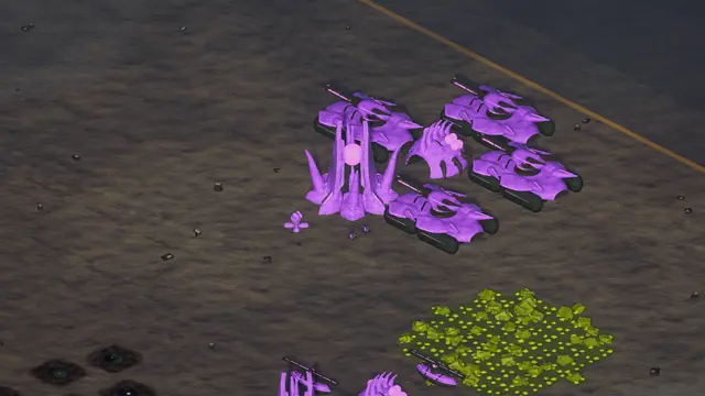 A larger alien base: a spiked core, a barracks and four heavy tank guards.