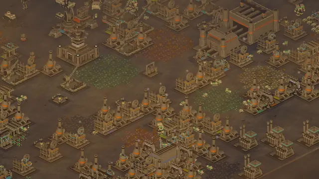 The factory under a sandstorm, everything tinted brown under a dim sun.