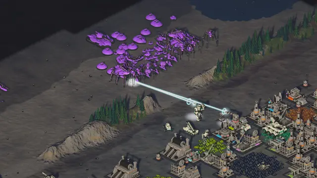 A wave of alien walkers and spiders pours over a ridge while a gun nest's beam cuts past a combat mech into the swarm, with the factory below.