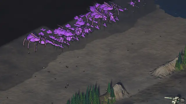 Long-legged alien spiders and tracked tanks march across open ground towards the cliffs.