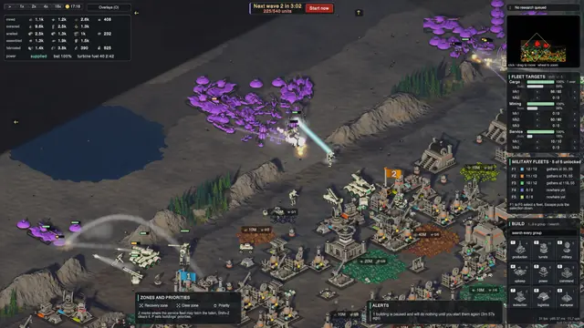 The game interface during a battle: production totals, fleet targets, military fleets, the minimap and the build menu around a fight at a cliff gate.