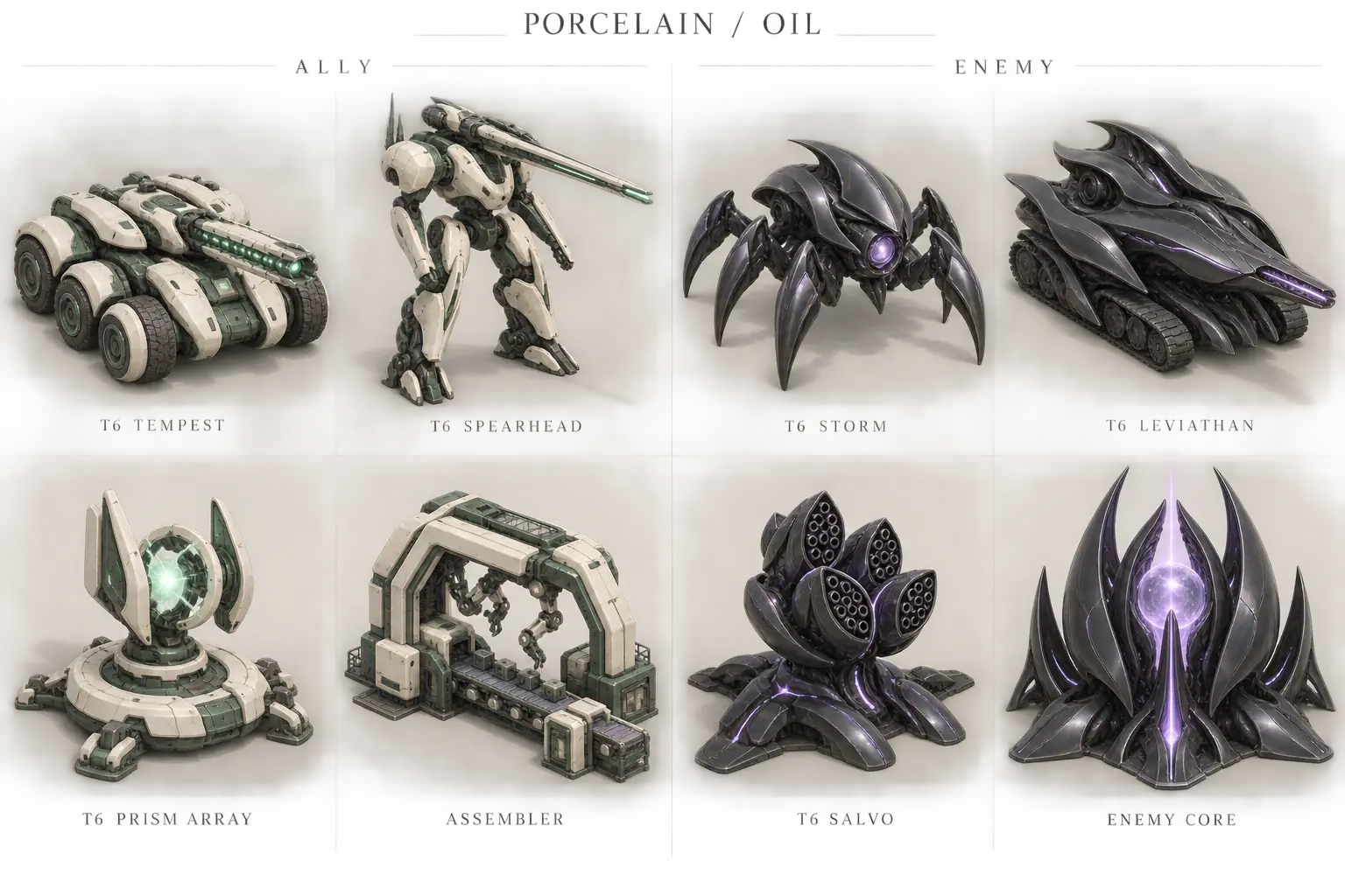 Two ivory and jade T6 units, two dark alien T6 units, a turret for each side, an assembler and an alien core.