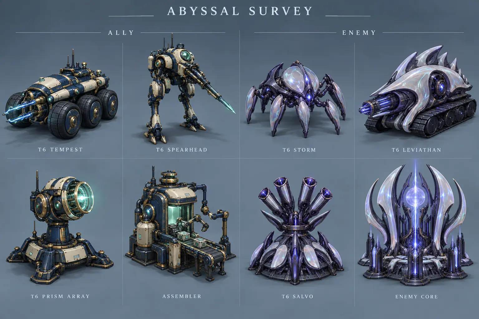 Navy and brass deep-sea-inspired machines face pearlescent violet aliens: four T6 units, two T6 turrets, an assembler and an enemy core.