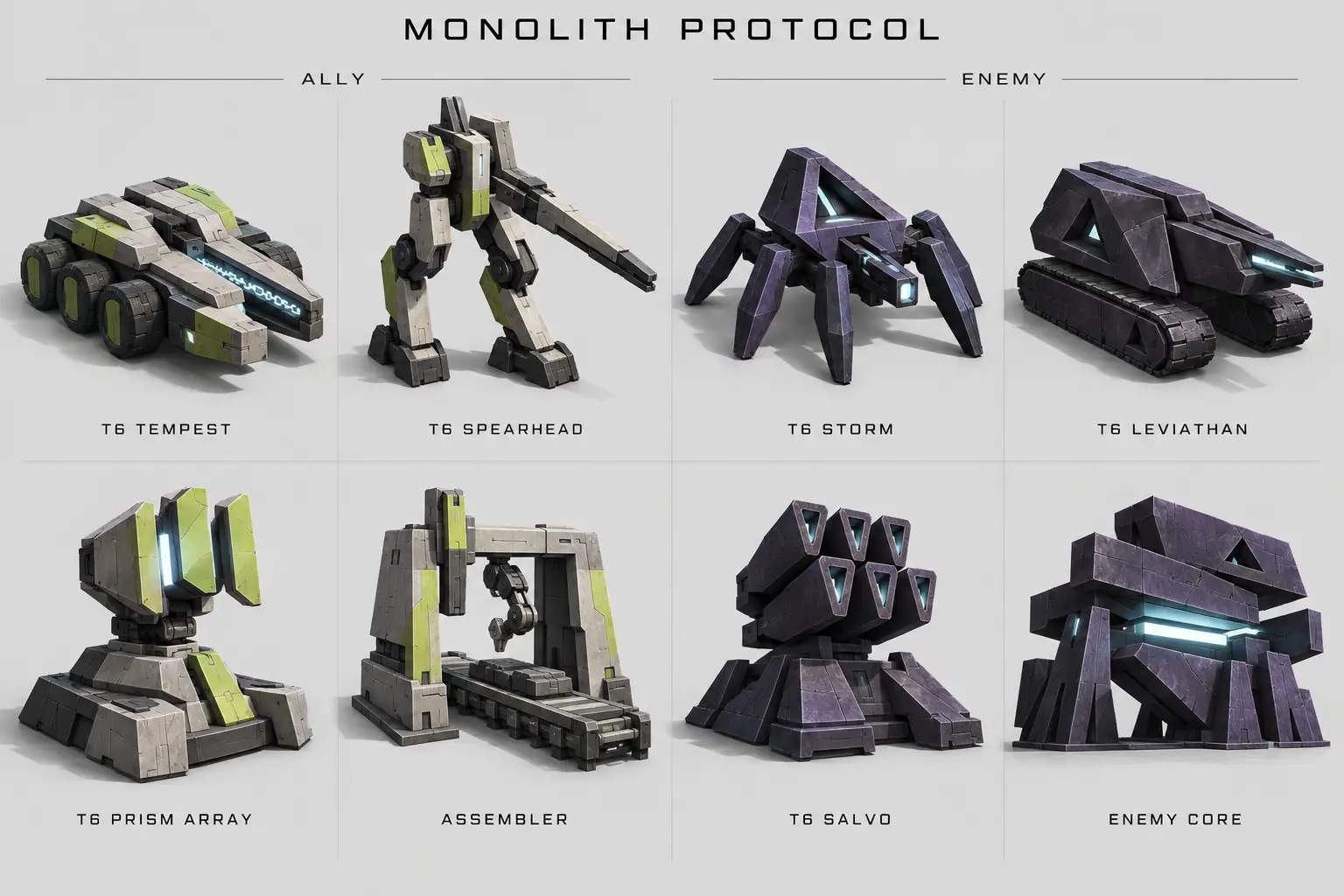 Blocky grey and lime machines face angular violet alien structures: four T6 units, two T6 turrets, an assembler and an enemy core.